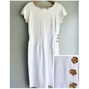 VTG Adrienne Vittadini White Textured Cotton Dress Gold Floral Button Scallop 10